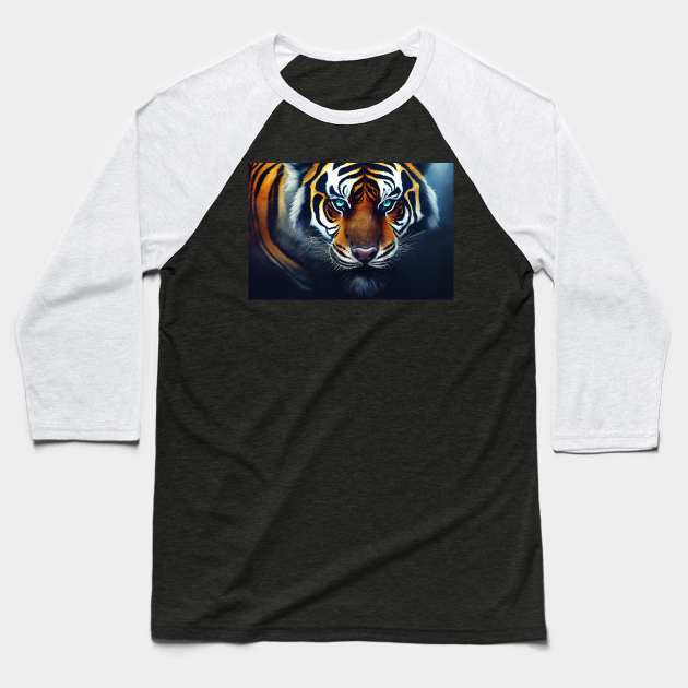 Tiger with blue eyes Baseball T-Shirt by DyeruArt